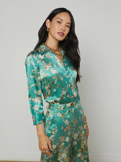 L'Agence Dani Blouse in Teal Multi Watercolor Cherry Blossom