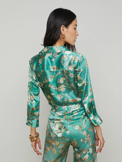 L'Agence Dani Blouse in Teal Multi Watercolor Cherry Blossom