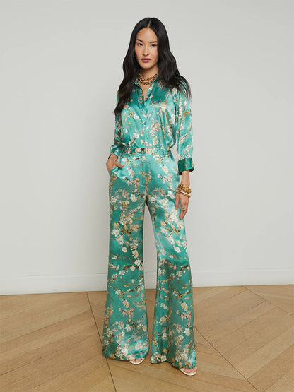 L'Agence Dani Blouse in Teal Multi Watercolor Cherry Blossom