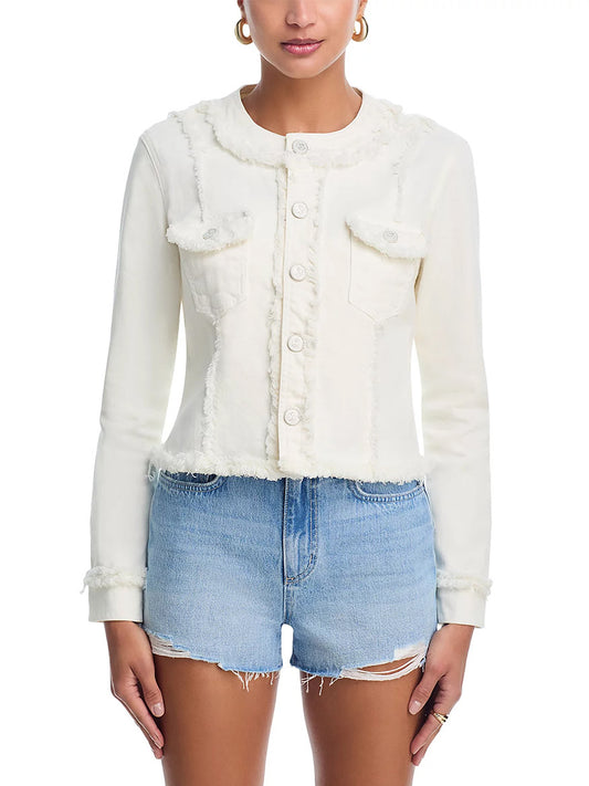A person wearing the L'Agence Yarin Collarless Fray Jacket in Light Ecru with chest pockets, paired with light blue frayed-hem denim shorts, viewed from the front.