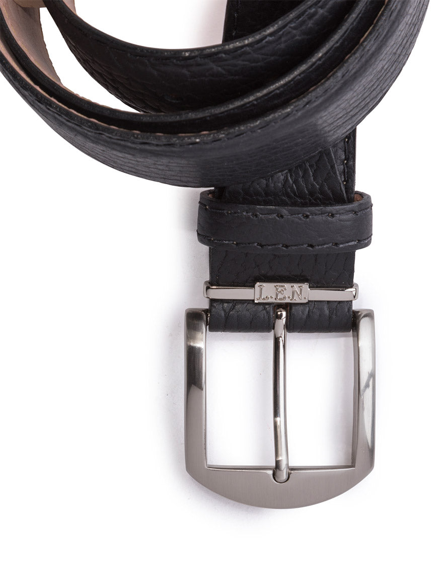 Close-up of the LEN Belts American Bison Belt in black with black edge and border stitching, featuring a silver rectangular buckle, handcrafted in the USA, placed on a white background.