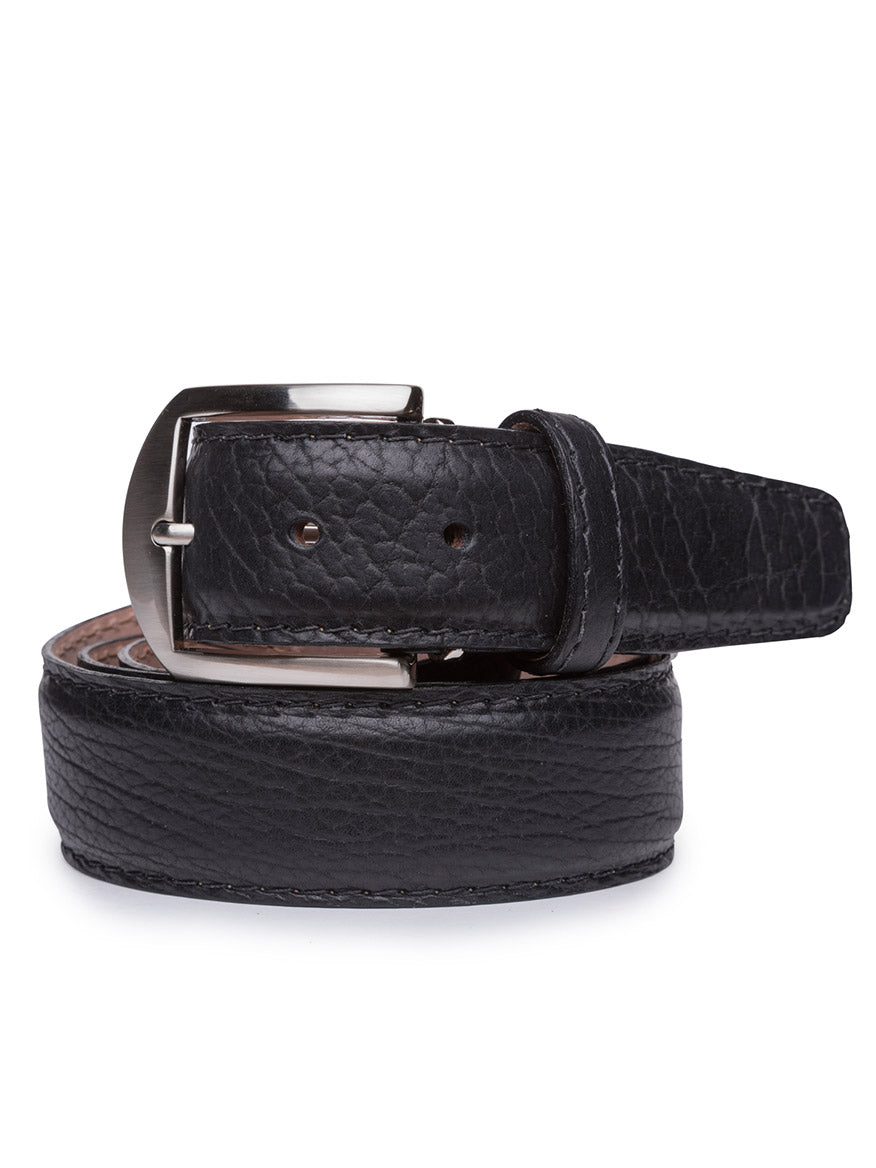 Meticulously crafted in the USA, the LEN Belts American Bison Belt in Black with black edge and border stitching showcases a sleek silver buckle and solid brass hardware, providing an enduring mix of style and durability.