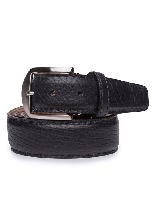 Meticulously crafted in the USA, the LEN Belts American Bison Belt in Black with black edge and border stitching showcases a sleek silver buckle and solid brass hardware, providing an enduring mix of style and durability.