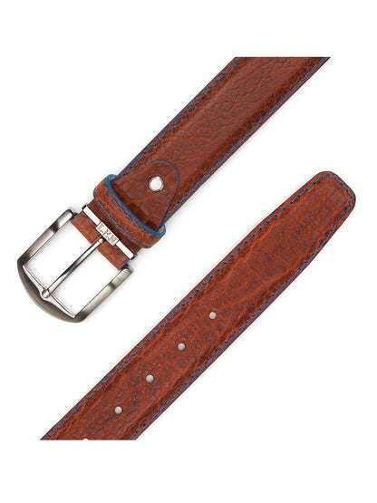 The LEN Belts American Bison Belt in Cognac showcases denim edge stitching and a silver buckle, displayed from both the top and side perspectives.