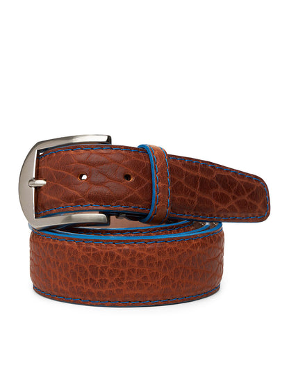 Introducing the LEN Belts American Bison Belt in Cognac, featuring denim edge and stitching, crafted with solid brass hardware and a silver buckle, made in the USA.