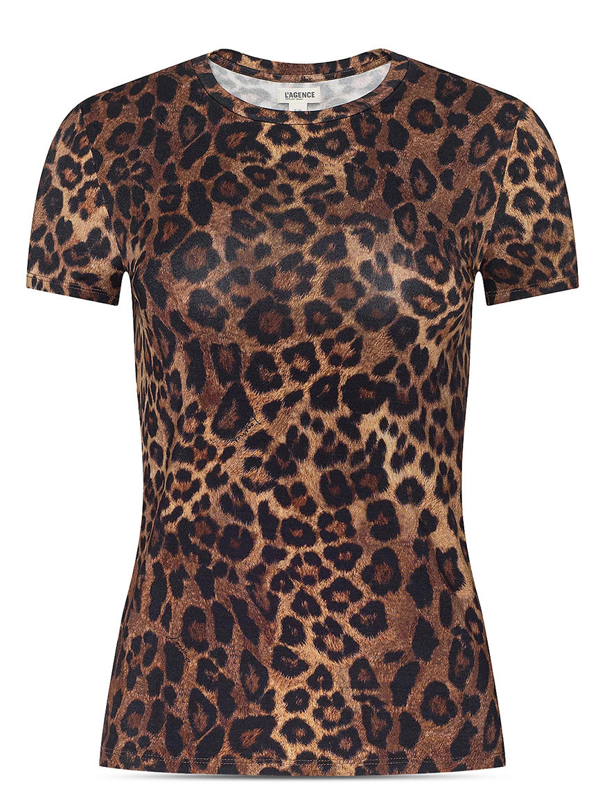 Short-sleeved, fitted tee crafted from women’s lightweight jersey, featuring a brown and black Javan leopard print in the signature style of the L’Agence Ressi Short Sleeve Crew in Tan Multi Javan Leopard.