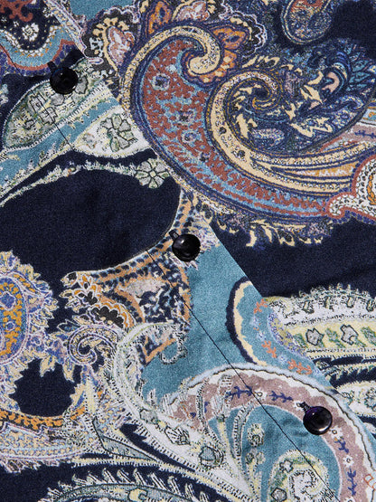 Close-up of the L’Agence Tyler Blouse in Midnight Multi Besarabian Paisley, showcasing its multicolored paisley print in blue, orange, and green tones with black buttons—perfect for a long-sleeve silk button-down.
