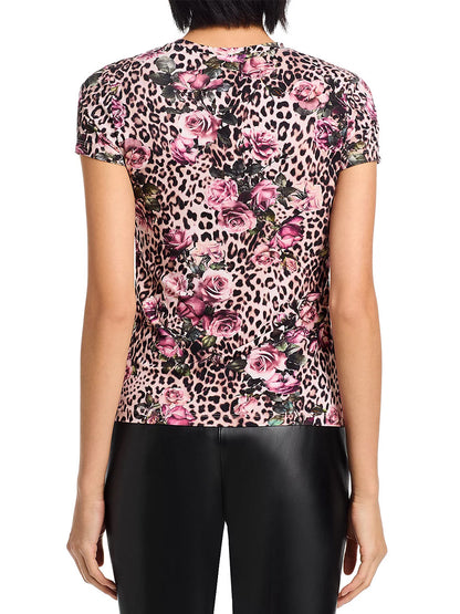 Someone is shown from the back wearing the bestselling L'Agence Ressi Fitted Tee in Multi Rose Cheetah, paired with black pants.