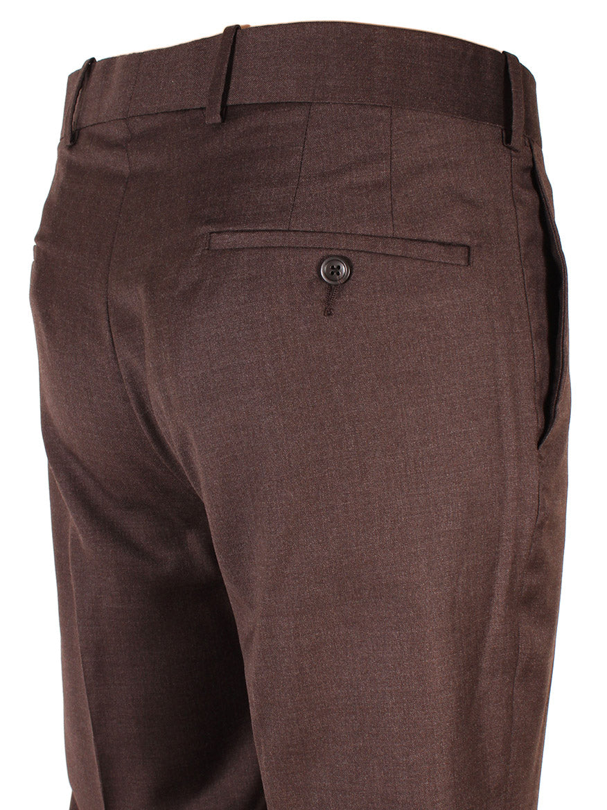 Close-up of Larrimor's Collection Reda Super 130s Wool Trousers in Dark Brown with a buttoned back pocket.