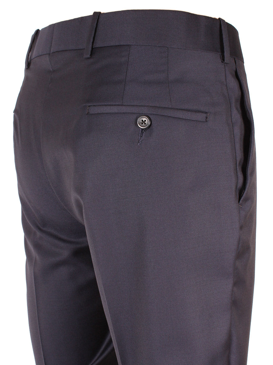 Close-up of the back of dark gray Larrimor's Collection Reda Super 130s Wool Trousers in Navy showing a buttoned back pocket and tailored seams.