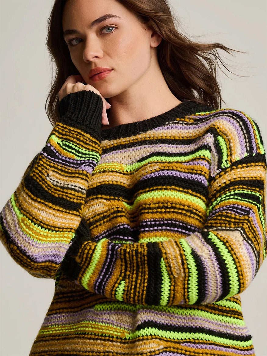 A woman wears a Lisa Todd Fillati Sweater in Black Multi, featuring horizontal stripes of black, lime green, tan, and purple in an artisanal knit with novelty yarns.
