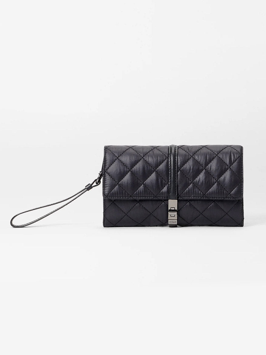 MZ Wallace Astor Convertible Crossbody in Black Oxford, featuring a quilted design with a wrist strap made from Italian leather and a metallic clasp closure.