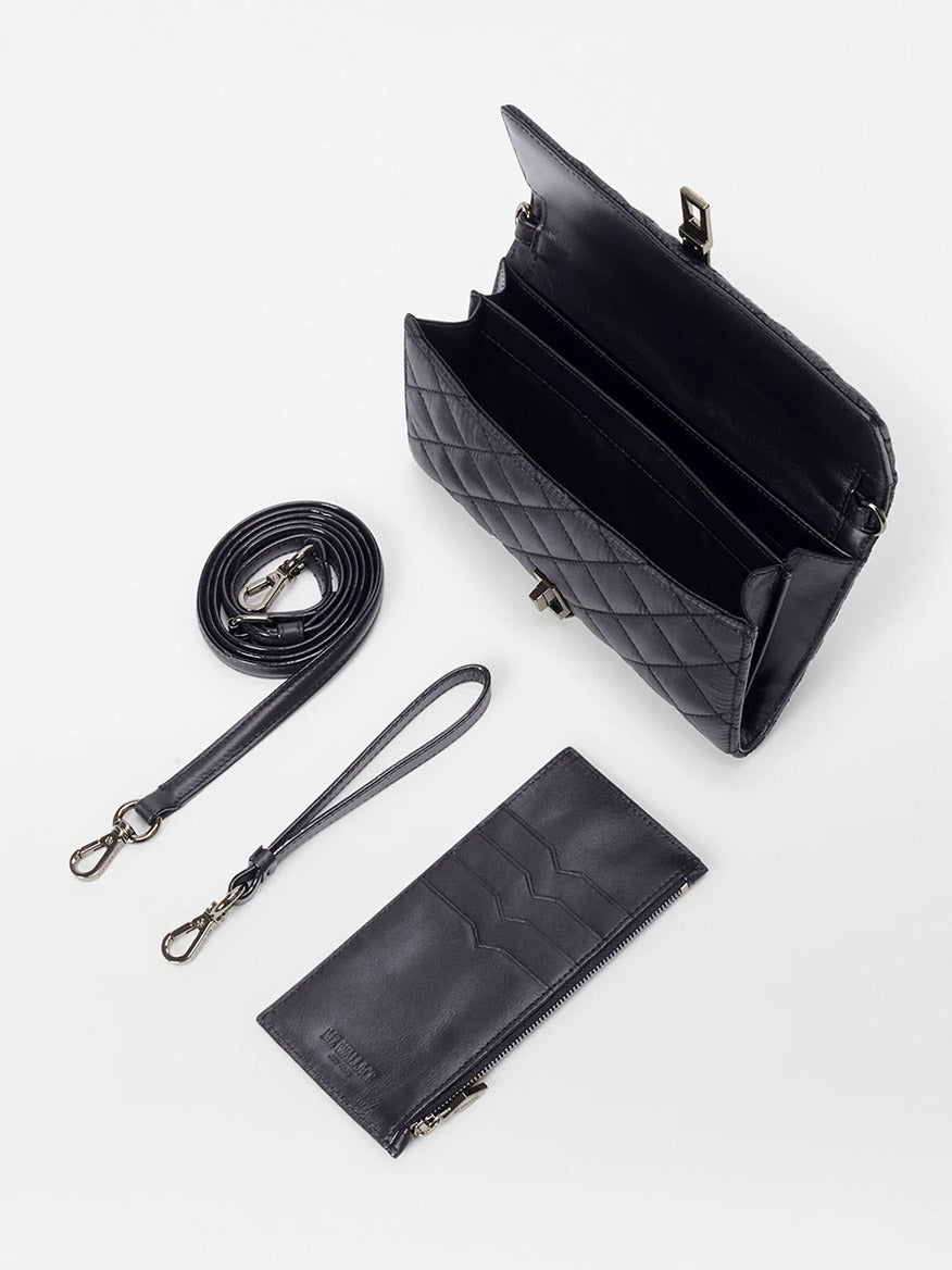 MZ Wallace Astor Convertible Crossbody in Black Oxford, with a detachable Italian leather shoulder strap, wrist strap, and matching wallet on a white background.