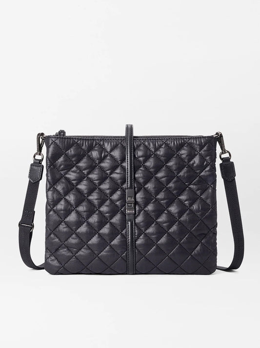 The MZ Wallace Astor Crossbody in Black Oxford, with quilted detailing, features premium Italian leather, an adjustable strap, and a central vertical accent—shown against a plain white background.