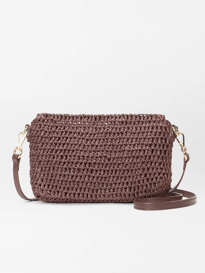 The MZ Wallace Crochet Convertible Crossbody in Brown Crochet features gold hardware and a detachable strap, shown against a plain white background.