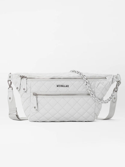 White MZ Wallace Crosby Crossbody Sling Bag in Pebble Liquid with chain strap detail.