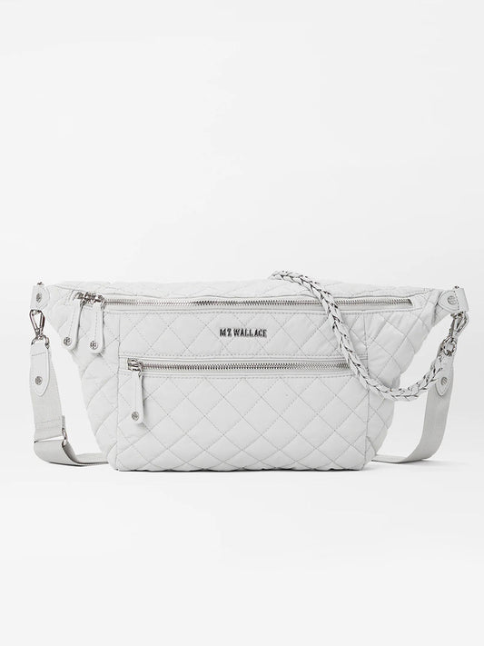 White MZ Wallace Crosby Crossbody Sling Bag in Pebble Liquid with chain strap detail.