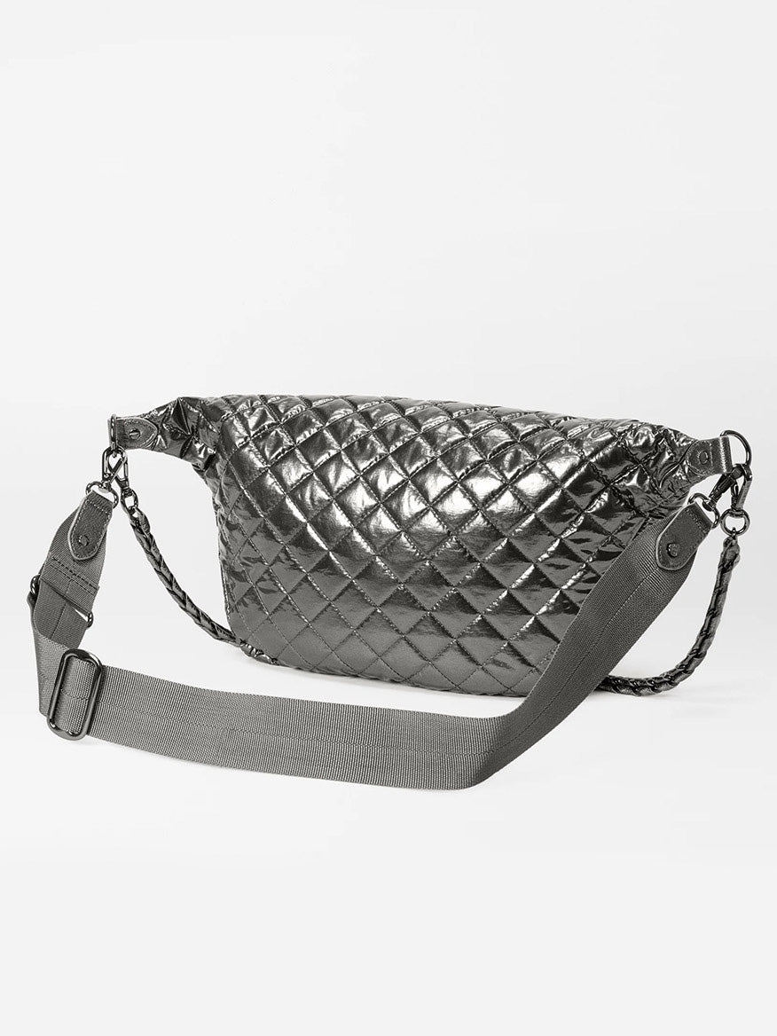 The MZ Wallace Crosby Crossbody Sling Bag in Pewter Metallic Oxford features a quilted design with an adjustable strap and a stylish chain detail, making it perfect for hands-free convenience.