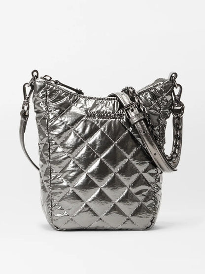 MZ Wallace Crosby Go in Pewter Metallic Oxford quilted handbag with Italian leather trim, featuring an adjustable crossbody strap and convenient zipper closure.