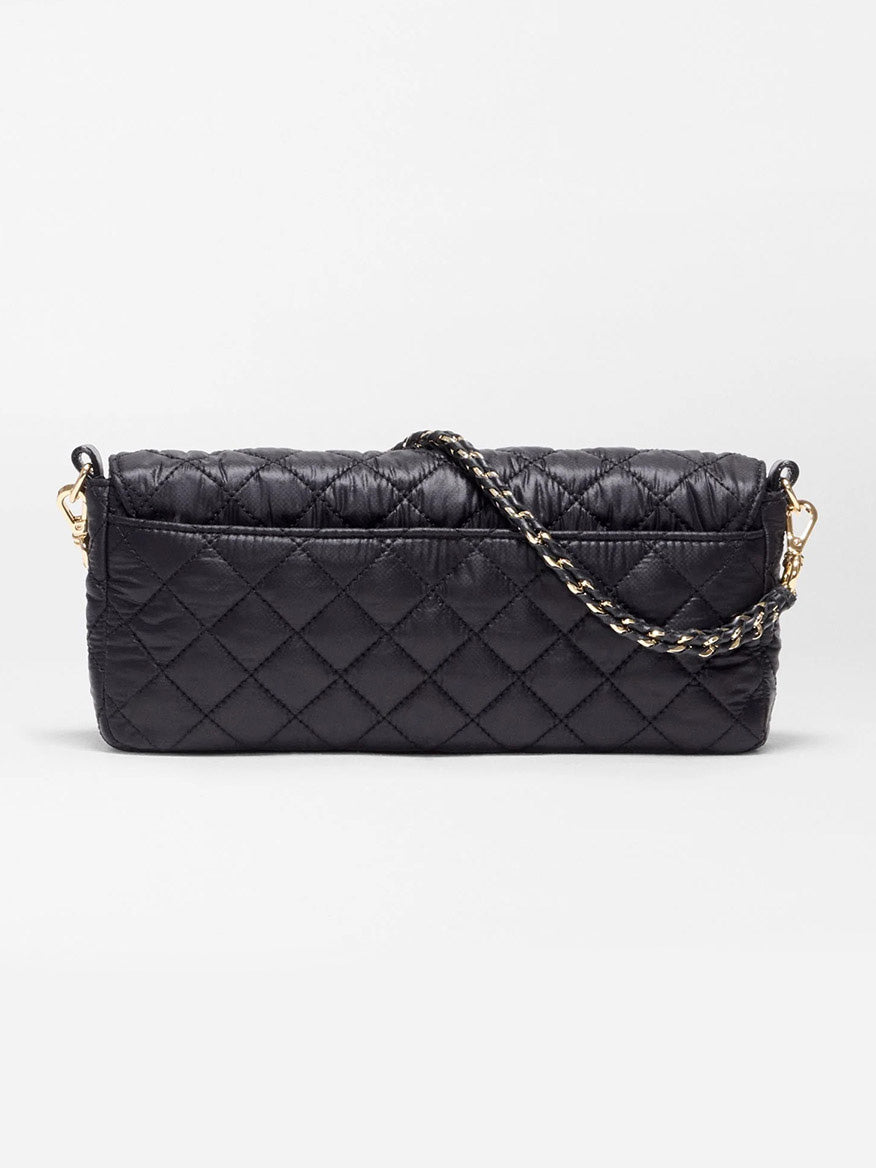 Black MZ Wallace Crosby Lock Baguette in Black Oxford quilted recycled nylon with a gold chain strap.