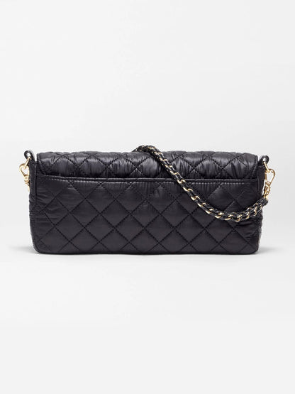 Black MZ Wallace Crosby Lock Baguette in Black Oxford quilted recycled nylon with a gold chain strap.
