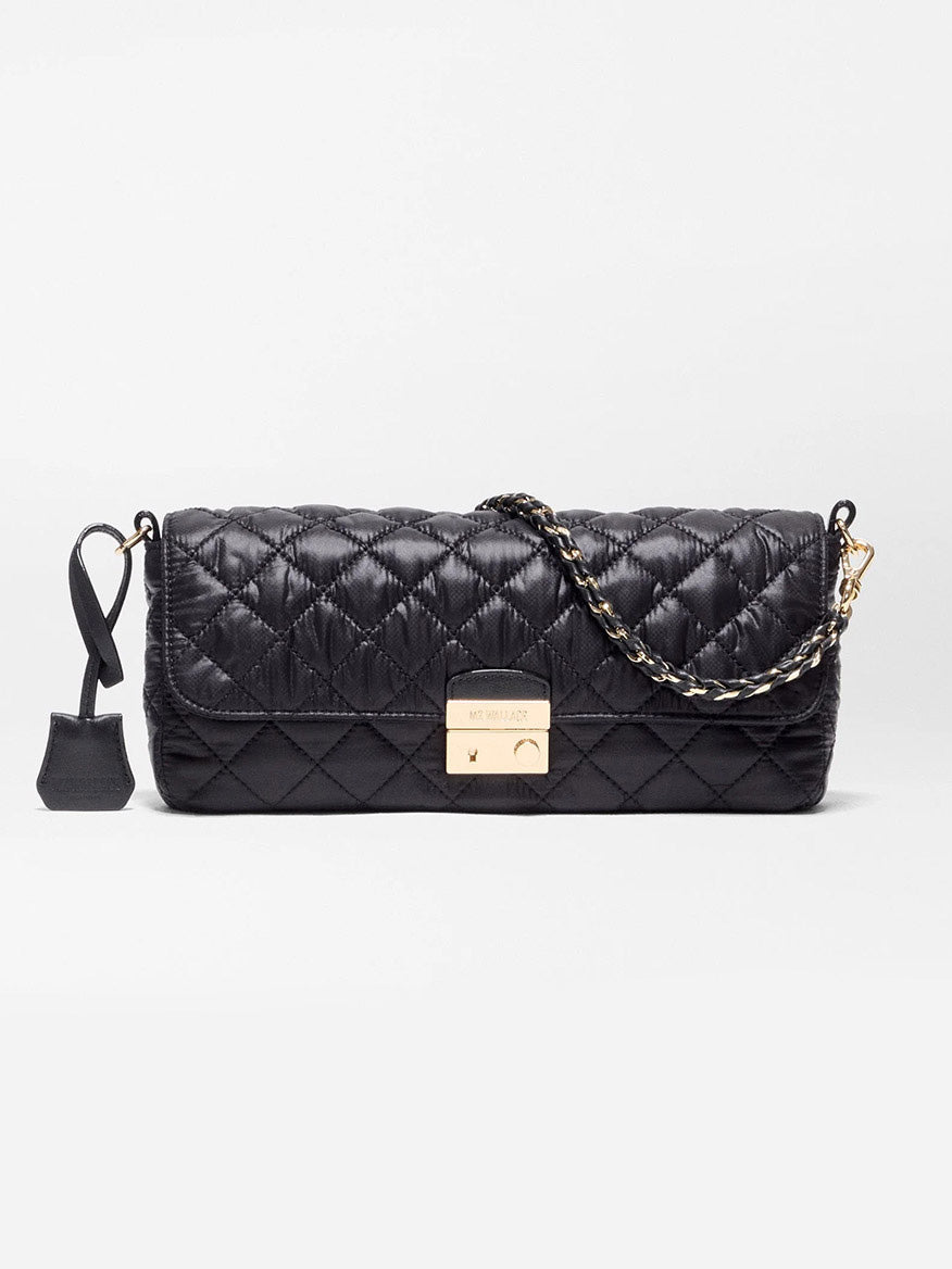 Black quilted recycled nylon MZ Wallace Crosby Lock Baguette in Black Oxford with a gold-tone clasp closure and a chain-link strap.