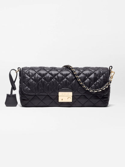 Black quilted recycled nylon MZ Wallace Crosby Lock Baguette in Black Oxford with a gold-tone clasp closure and a chain-link strap.