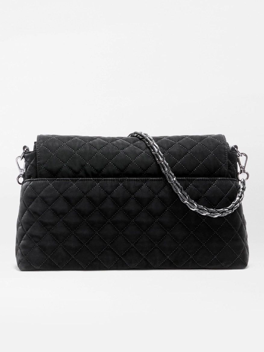 Black quilted MZ Wallace Crosby Lock Shoulder in Black Velvet Finish bag featuring a metal chain strap.