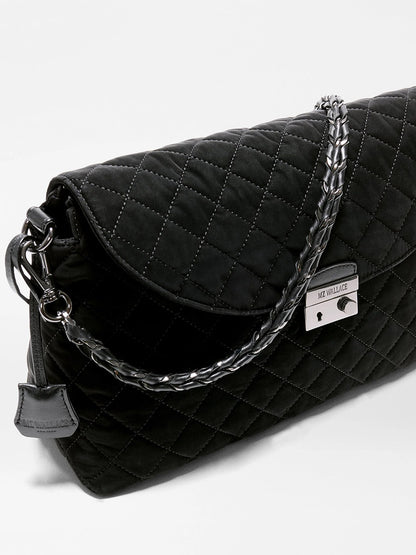 MZ Wallace Crosby Lock Shoulder in Black Velvet Finish: a black quilted Italian leather shoulder bag with a braided chain strap and a silver-tone lock clasp.