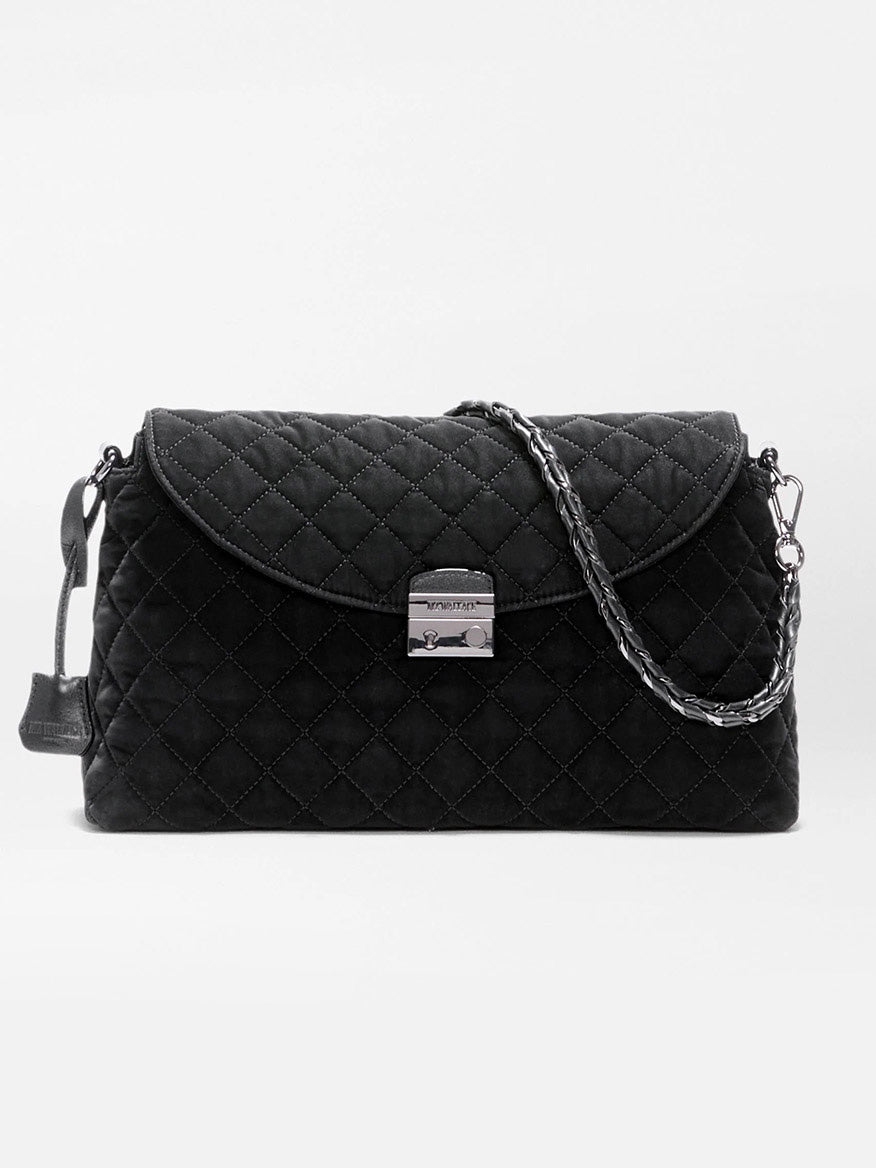 Black quilted Italian leather MZ Wallace Crosby Lock Shoulder in Black Velvet Finish with a metal fold-over clasp and a braided chain strap.