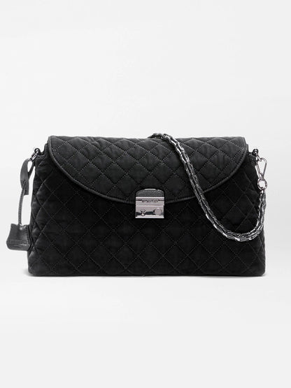 Black quilted Italian leather MZ Wallace Crosby Lock Shoulder in Black Velvet Finish with a metal fold-over clasp and a braided chain strap.
