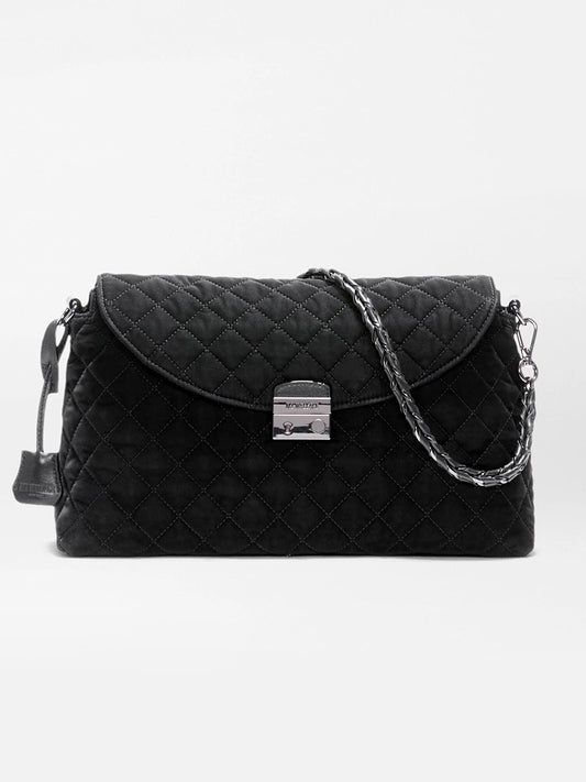 Black quilted Italian leather MZ Wallace Crosby Lock Shoulder in Black Velvet Finish with a metal fold-over clasp and a braided chain strap.
