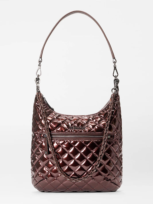 The MZ Wallace Crosby Sienna in Bordeaux Lacquer Oxford is a metallic, quilted Italian leather bag with a top handle, detachable chain strap, and front zip pocket, shown against a plain white background.