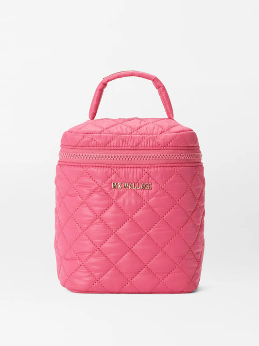 Pink MZ Wallace Large Vanity Case in Zinnia Oxford with a zipper and top handle, perfect as a toiletries storage.