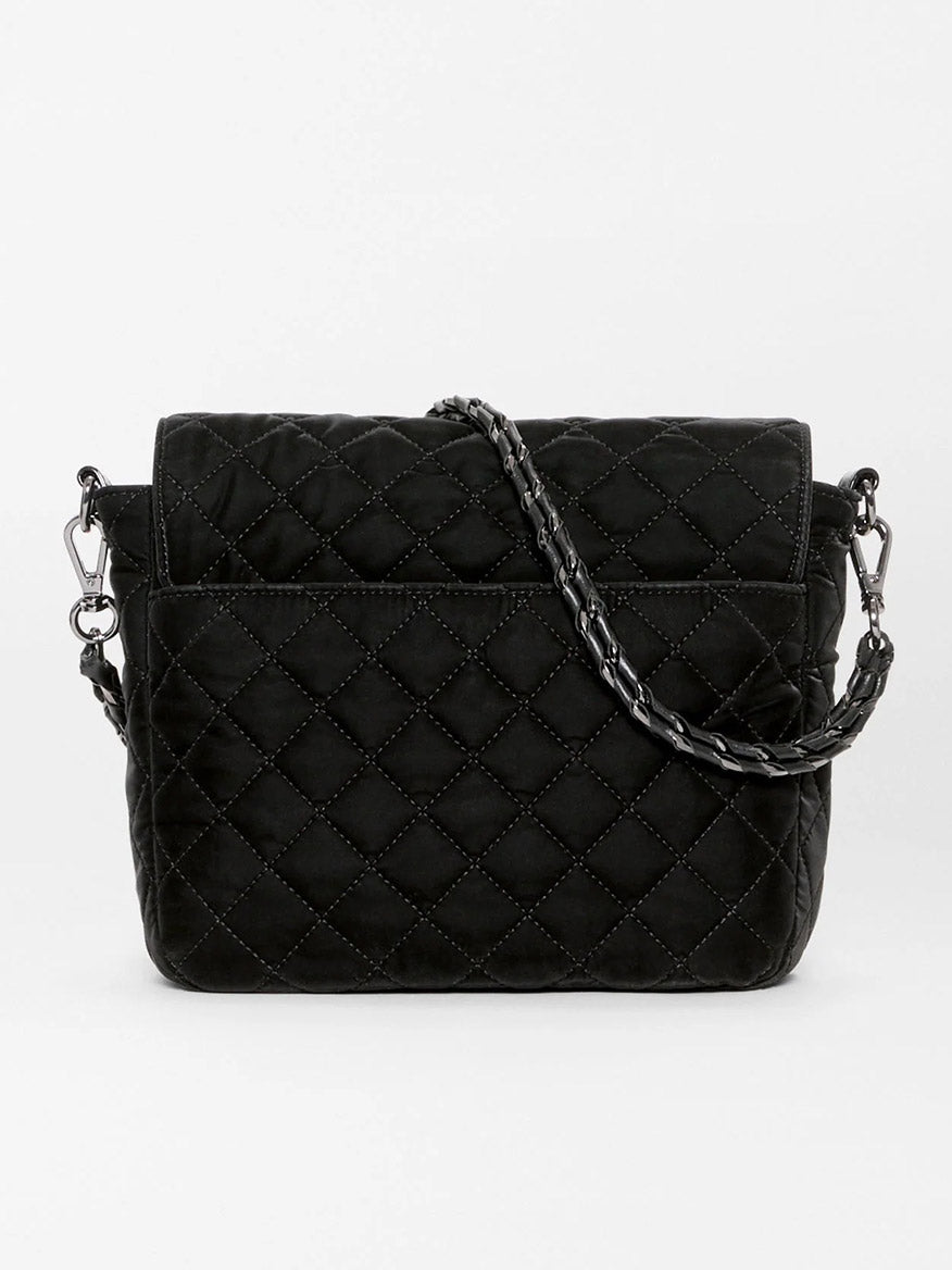 Black quilted Italian leather MZ Wallace Crosby Lock Medium Crossbody in a black velvet finish with a chain strap, lock hardware, and a fold-over flap.