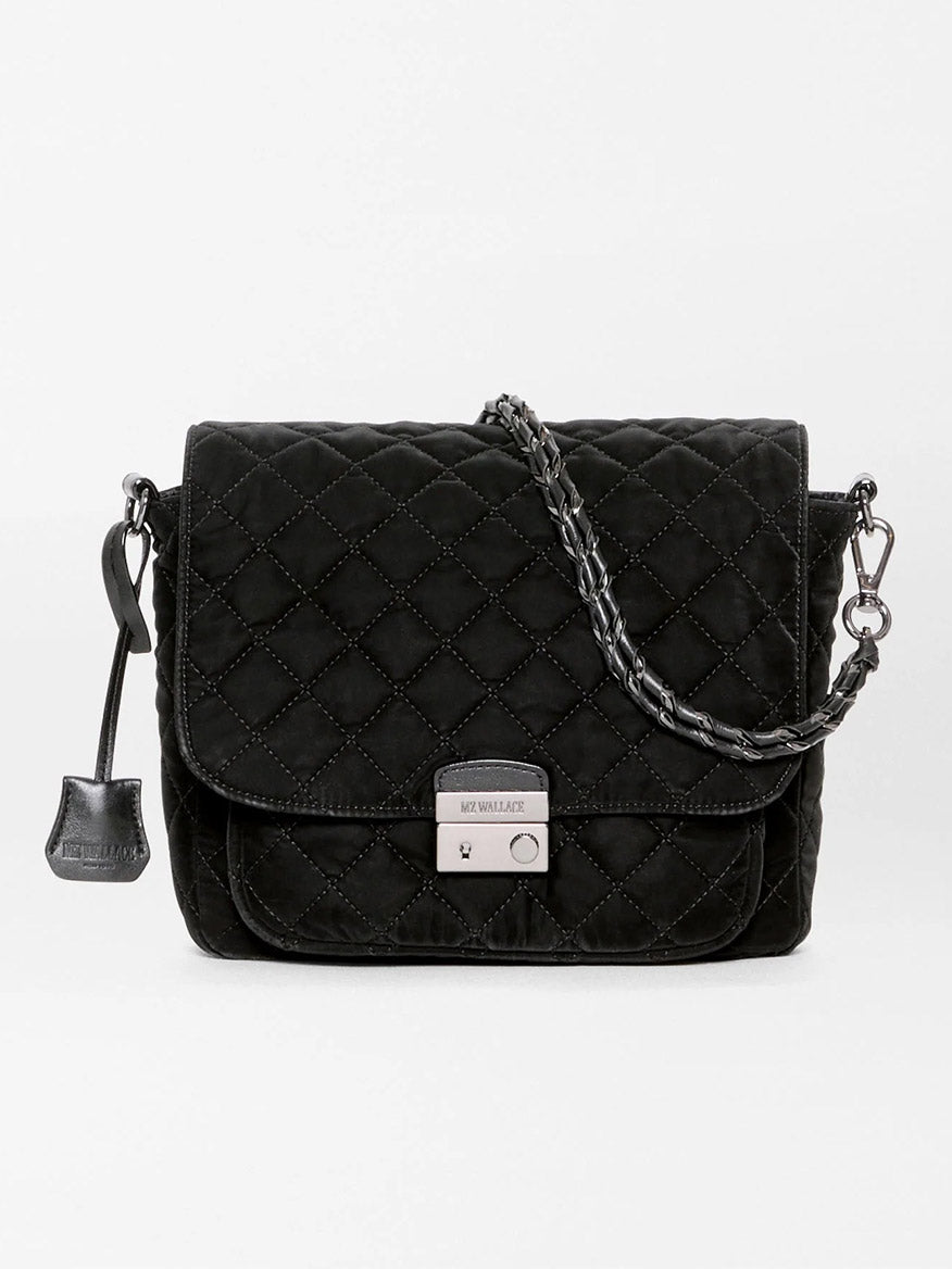 MZ Wallace Crosby Lock Medium Crossbody in Black Velvet Finish: a black quilted bag with a chain strap and a metal push-lock closure.