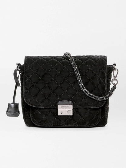 MZ Wallace Crosby Lock Medium Crossbody in Black Velvet Finish: a black quilted bag with a chain strap and a metal push-lock closure.