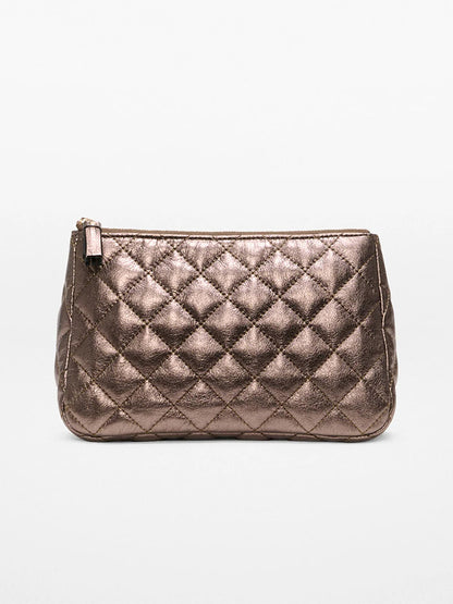 The MZ Wallace Medium Luna Cosmetic pouch in Espresso Metallic Leather features a quilted metallic bronze finish, Italian leather trim, and a zip top closure, shown against a plain white background.