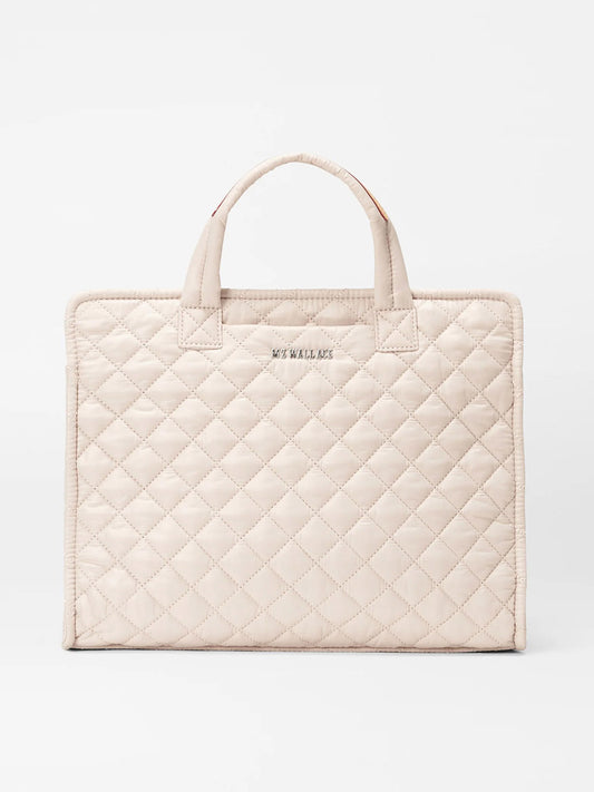 Quilted beige MZ Wallace Medium Box Tote in Mushroom Oxford with Italian leather trim on a white background.
