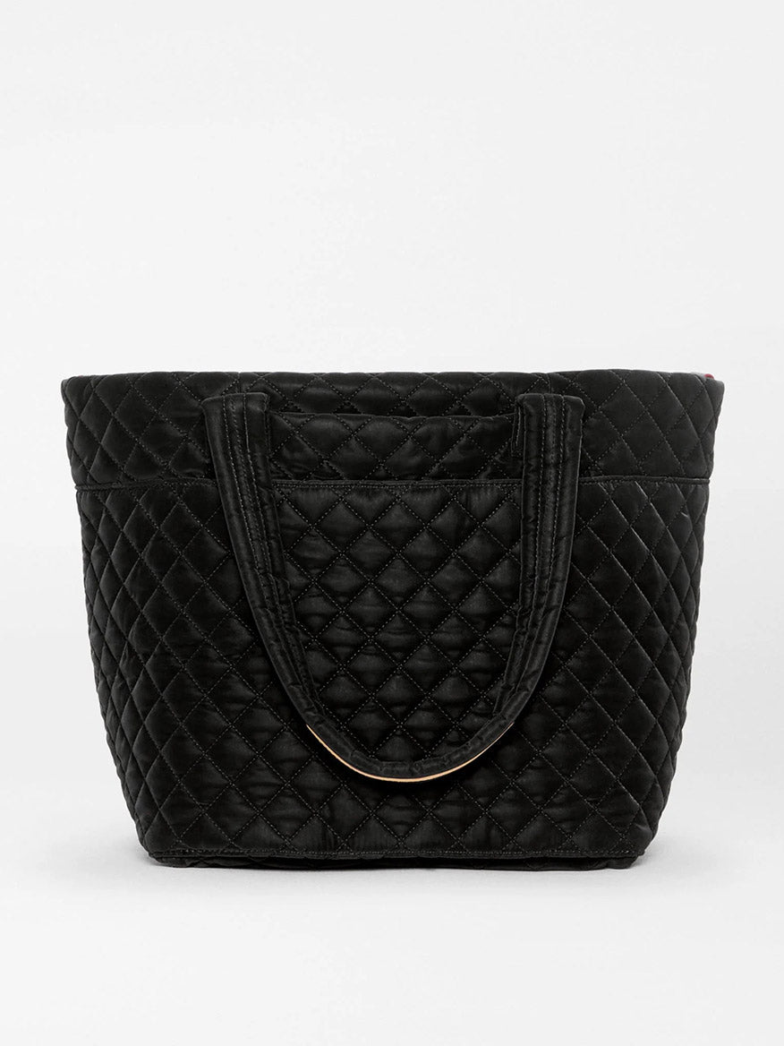MZ Wallace Medium Metro Tote Deluxe in Black Velvet Finish, a black quilted nylon tote bag with dual shoulder straps.