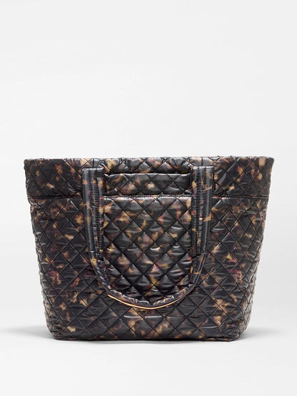 MZ Wallace Medium Metro Tote Deluxe in Tortoise Shell Oxford with a quilted texture and two top handles.
