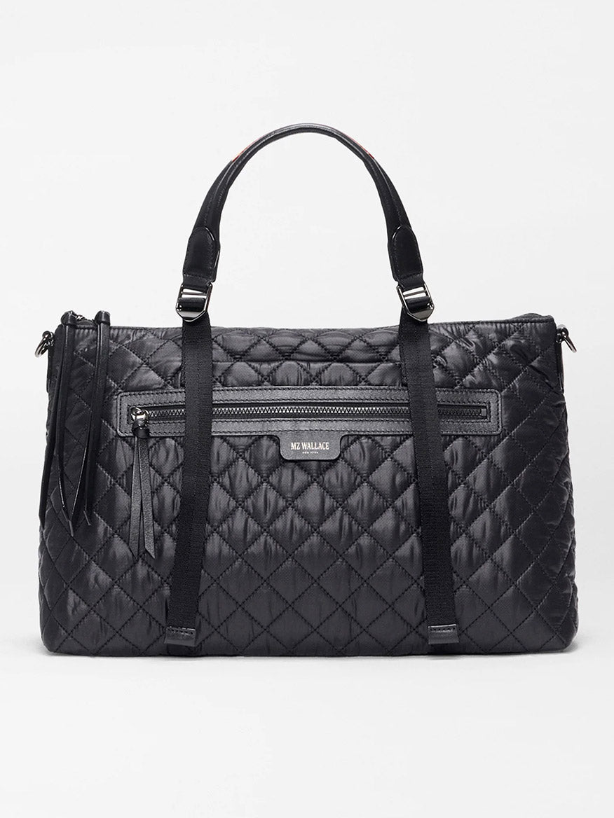 The MZ Wallace Medium Park Satchel in Black Oxford features a chic black handle, making it the perfect everyday bag.