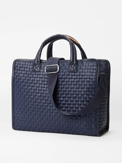 A MZ Wallace Medium Woven Box Tote in Dawn Oxford with a detachable shoulder strap against a neutral background.