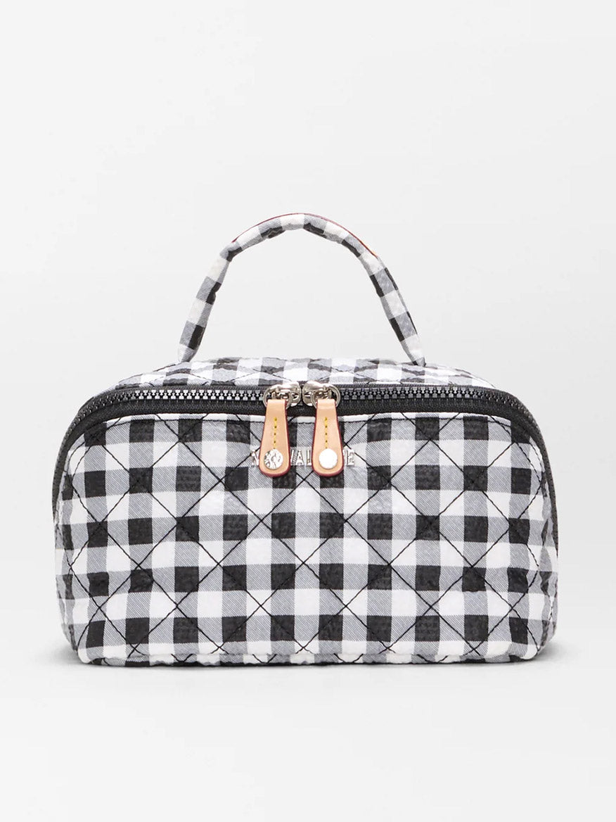 The MZ Wallace Metro Accordion Cosmetic II in Black/White Gingham Oxford is a compact quilted organizer bag with a checkered pattern, top handle, and double zipper—ideal for travel accessories.