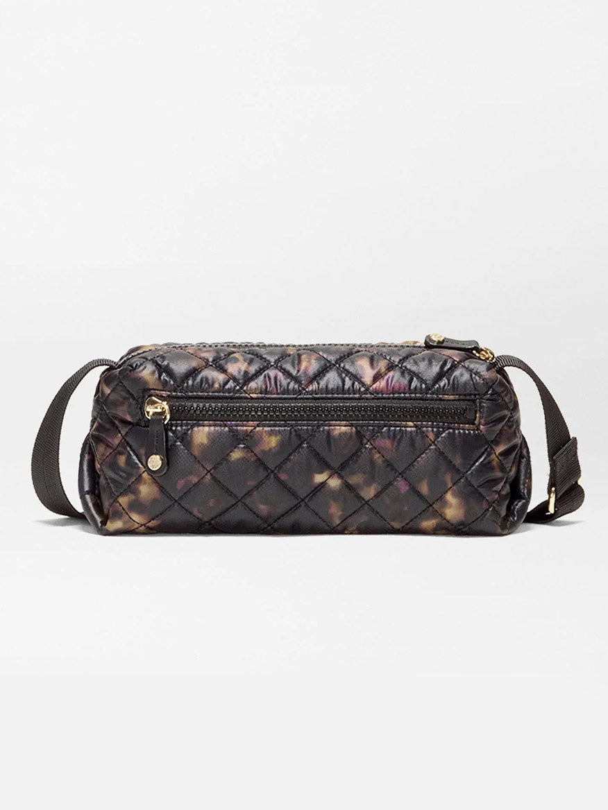 MZ Wallace Metro East West Crossbody in Tortoise Shell Oxford: a quilted recycled nylon bag with a dark tortoise shell pattern, zippered exterior pocket, and adjustable strap.