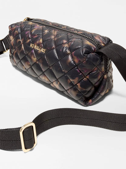 MZ Wallace Metro East West Crossbody in Tortoise Shell Oxford: a quilted recycled nylon crossbody bag in a dark tortoise shell print with a black adjustable strap.