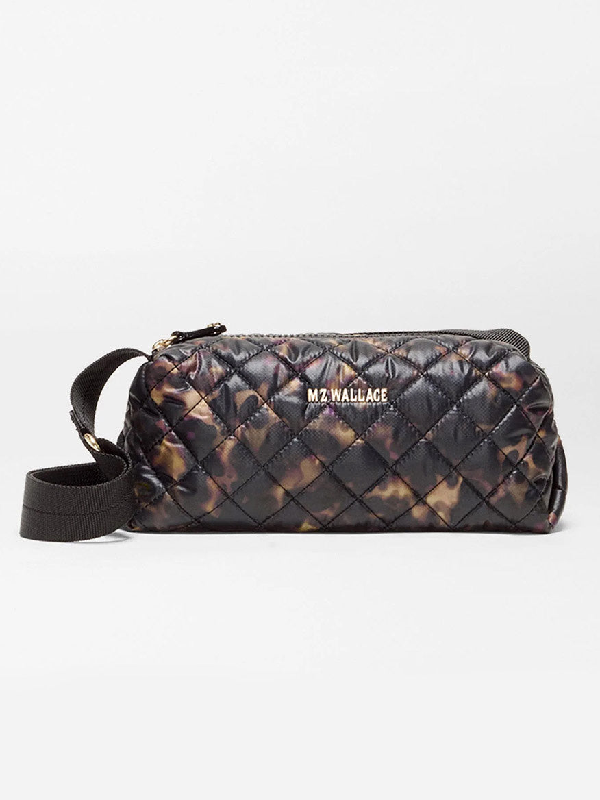 MZ Wallace Metro East West Crossbody in Tortoise Shell Oxford: a quilted crossbody bag in recycled nylon with a brown and black tortoise shell pattern and an adjustable shoulder strap.