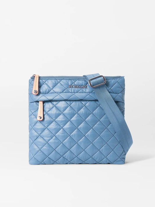Blue quilted MZ Wallace Metro Flat Crossbody in Cornflower Blue Oxford with adjustable strap and zipper closure.
