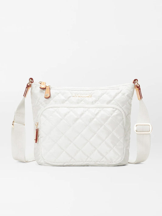 Italian leather MZ Wallace Metro Scout Deluxe in Pearl Metallic Oxford crossbody bag with gold-tone hardware and adjustable shoulder strap, displayed against a neutral background.