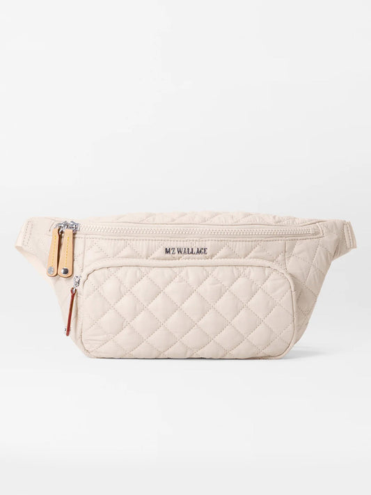 Beige quilted MZ Wallace Metro Sling in Mushroom Oxford with zipper closure and adjustable strap.
